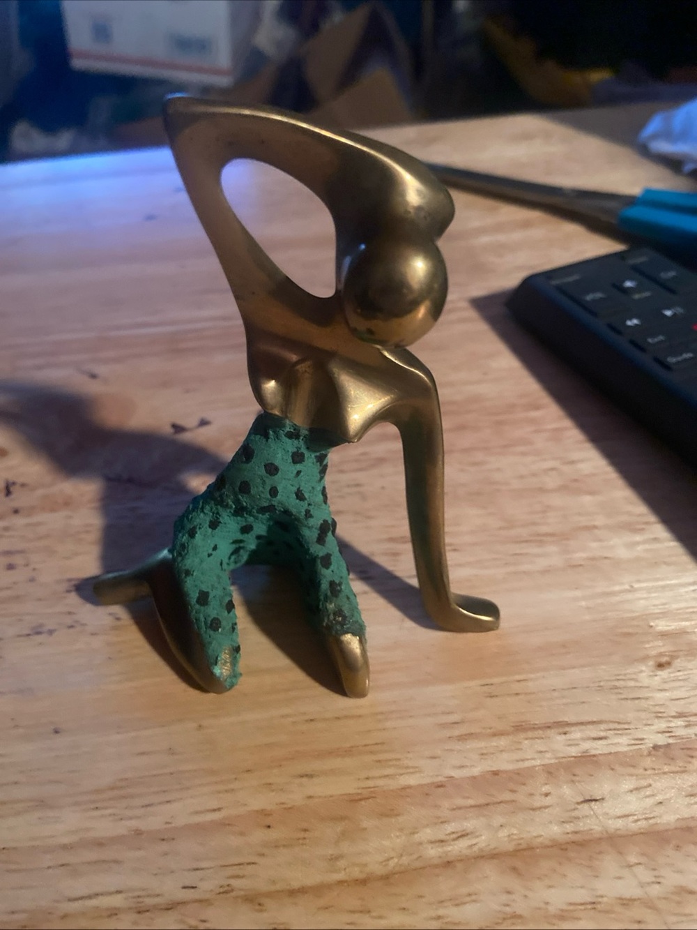 Brass Abstract Figurine with Green Patina Accents  4 x 4”